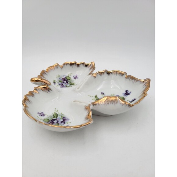 Vintage Kelvin China Leaf Shape Candy Nut Dish Purple Flowers Gold Trim - Picture 3 of 9
